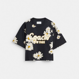 Black Coach Floral Cropped Signature Script In Organic Cotton Women T Shirts | SG_CH10892