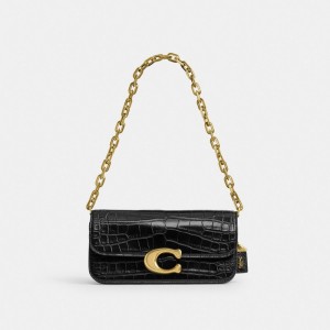 Black Coach Idol 23 In Alligator Brass Women Shoulder Bags | SG_CH67668