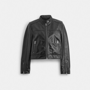 Black Coach Leather Racing Women Jackets | SG_CH68000