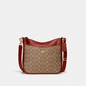 Brown / Red Coach Chaise In Signature Canvas Brass Women Crossbody Bags | SG_CH85552