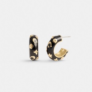 Gold / Black Coach Enamel Signature Floral Huggie Women Earrings | SG_CH73404