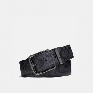 Grey / Black Coach Harness Buckle Cut To Size Reversible Belt 38 Mm Men Belts | SG_CH77345