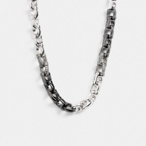 Silver Coach Pavé Signature Mixed Chain & Clear Women Necklace | SG_CH23888