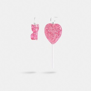 Silver / Pink Coach The Lil Nas X Drop Cat And Heart Lollipop Mismatch Women Earrings | SG_CH92008