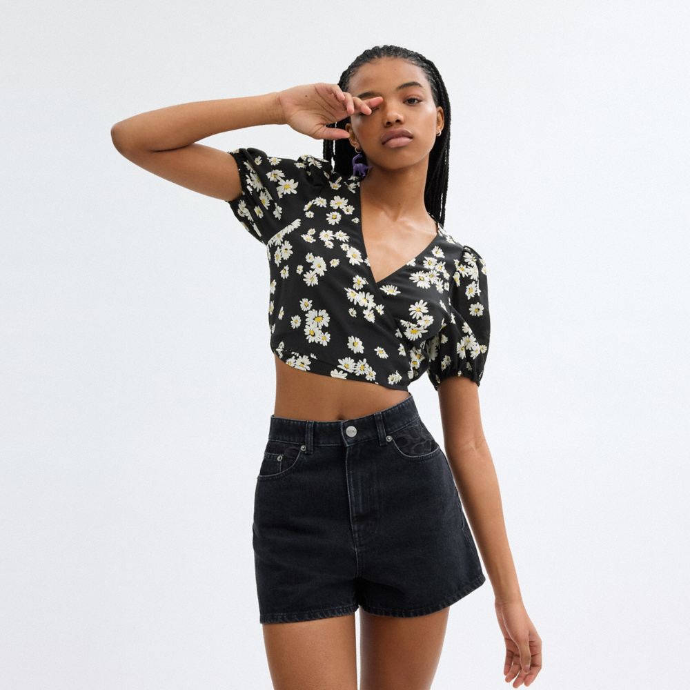 Black Coach Floral Wrap Blouse Women Tops | SG_CH59458