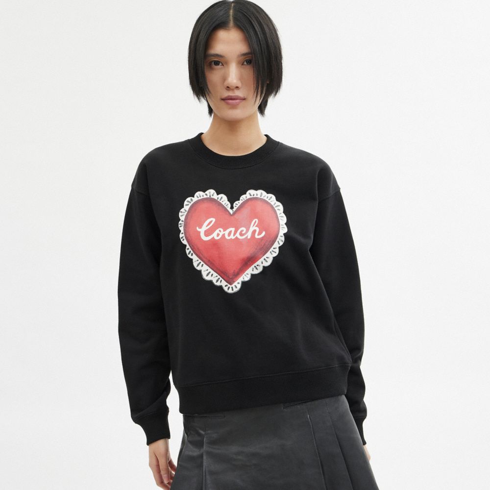 Black Coach Heart Crewneck Women Sweaters | SG_CH86202