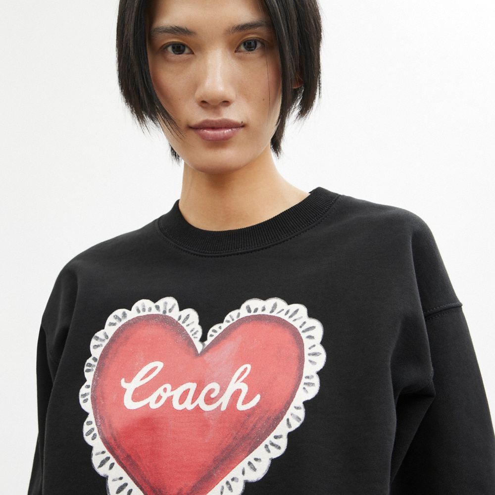 Black Coach Heart Crewneck Women Sweaters | SG_CH86202