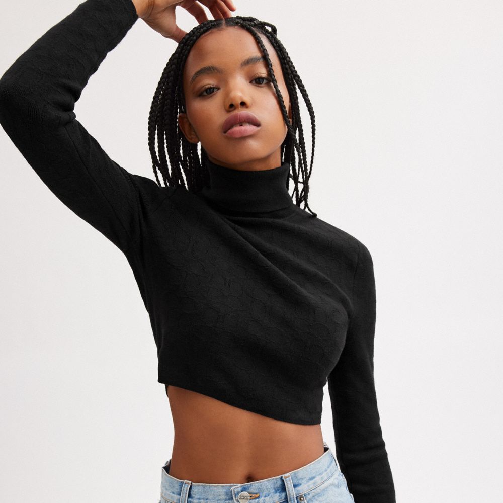 Black Coach Signature Knit Cropped Turtleneck Women Tops | SG_CH72810