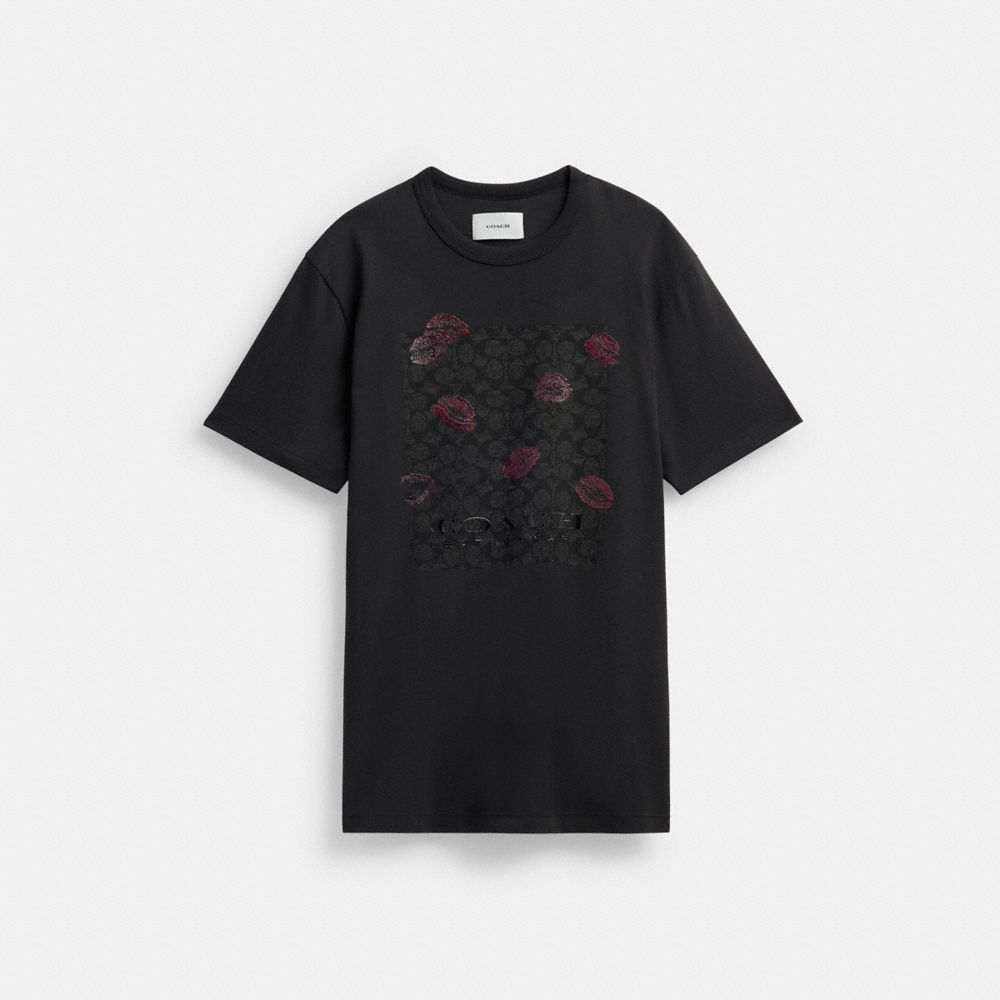 Black Coach Signature Square Kiss Print In Organic Cotton Women T Shirts | SG_CH19509