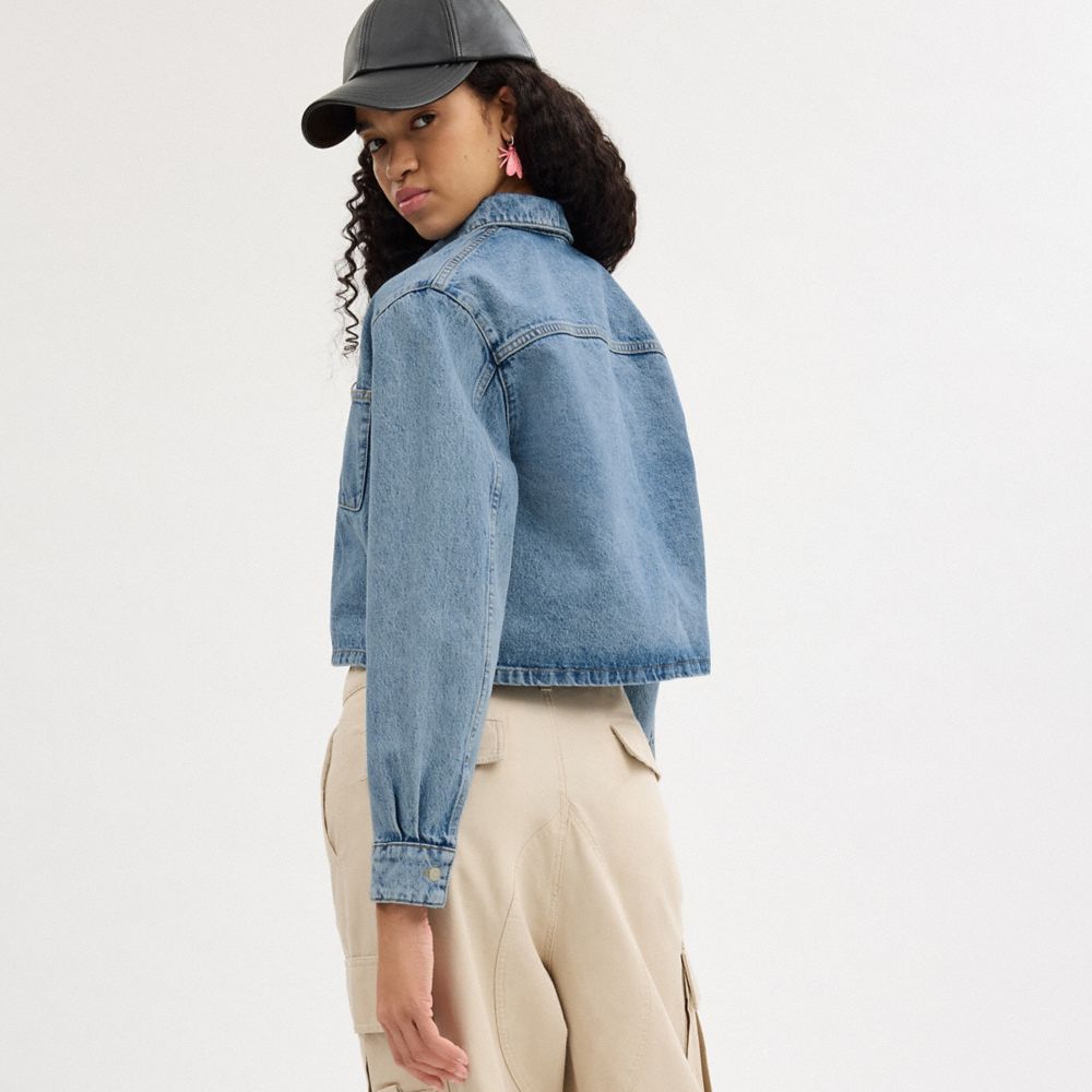 Blue Coach Cropped Denim Button Down Women Tops | SG_CH93317