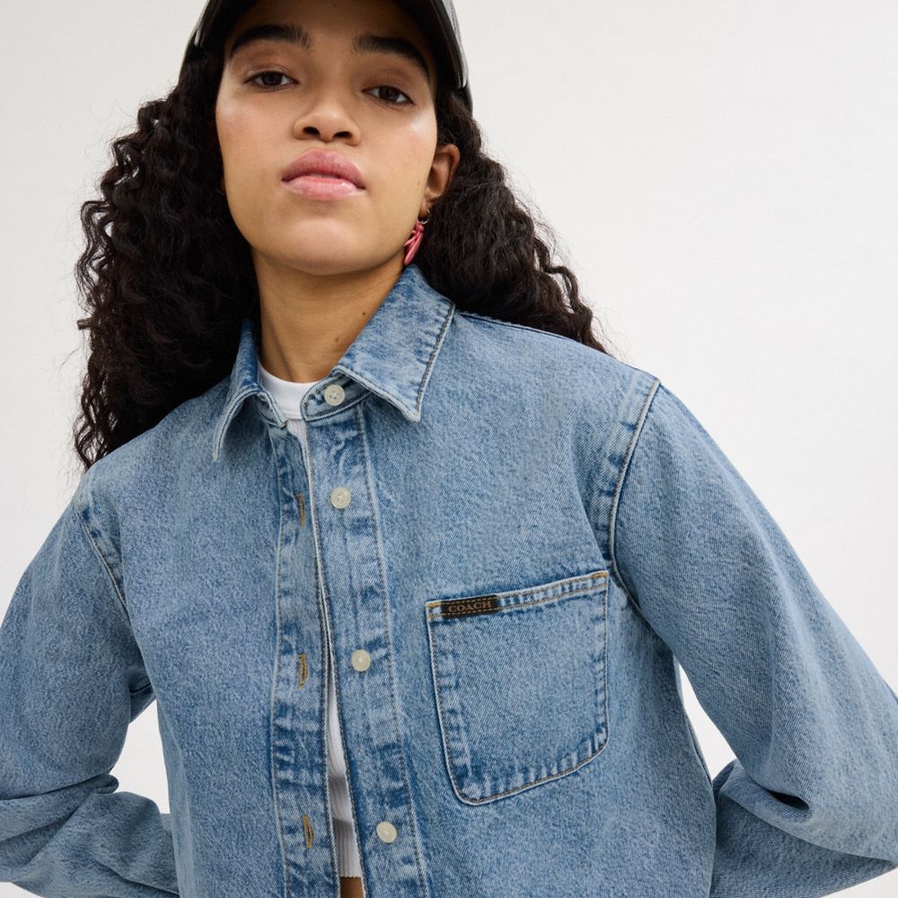 Blue Coach Cropped Denim Button Down Women Tops | SG_CH93317