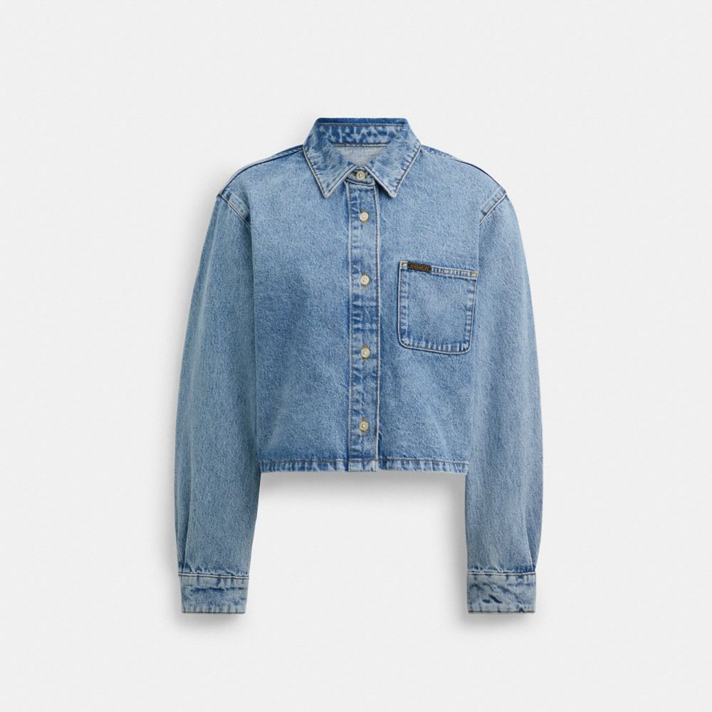 Blue Coach Cropped Denim Button Down Women Tops | SG_CH93317