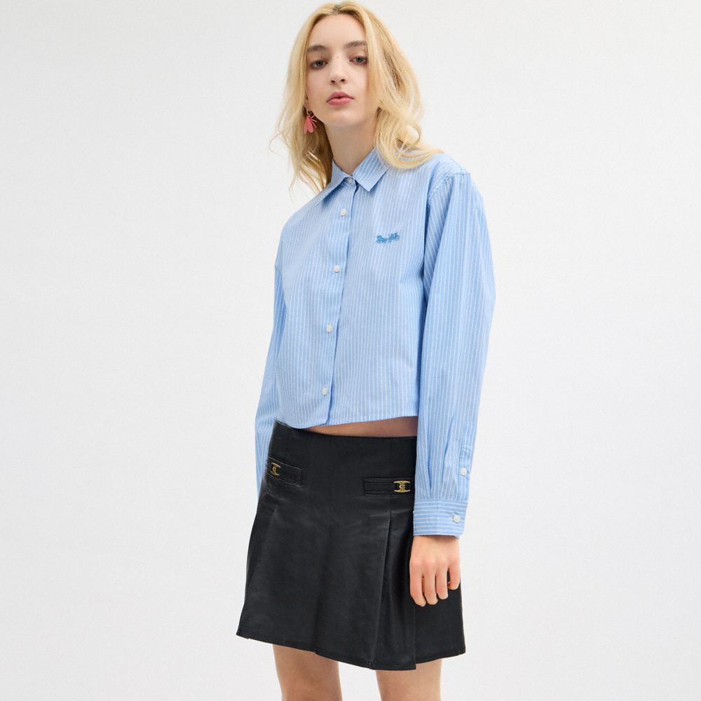 Blue Coach Striped Cropped Button Up Shirt Women Tops | SG_CH28552