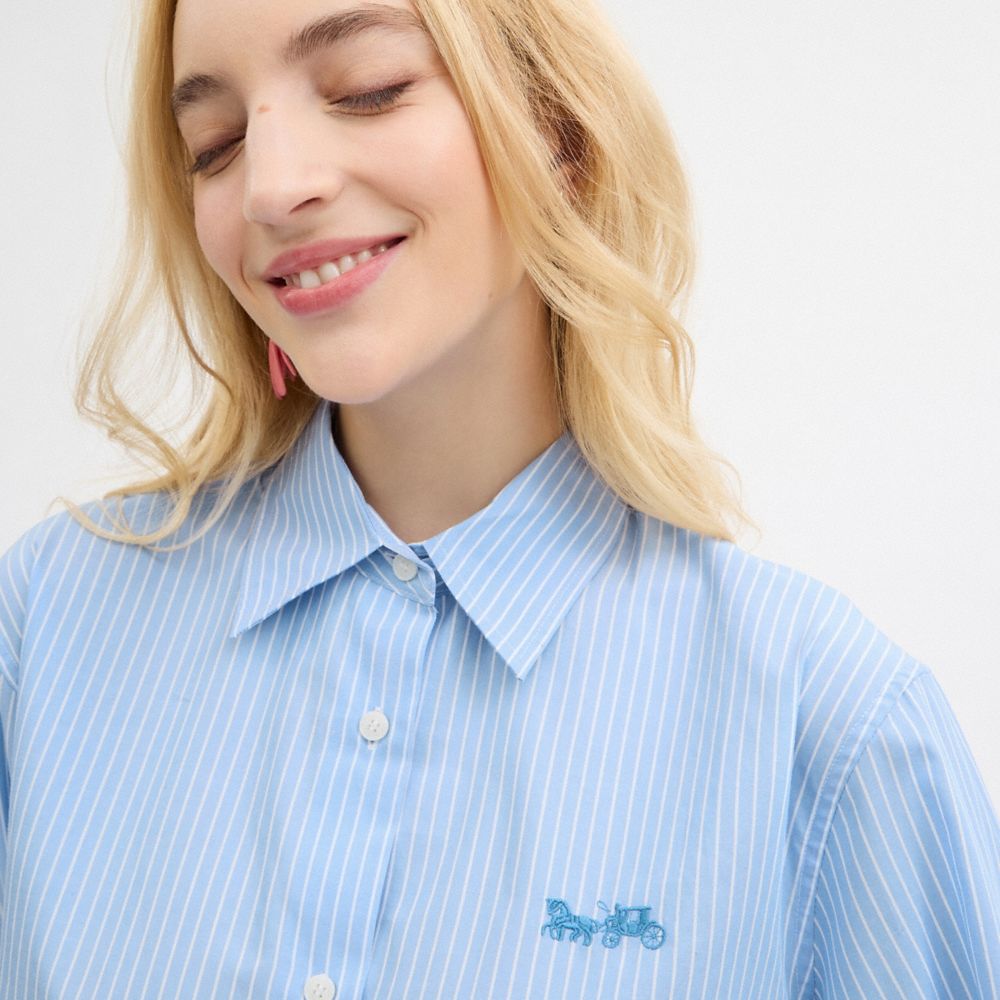 Blue Coach Striped Cropped Button Up Shirt Women Tops | SG_CH28552