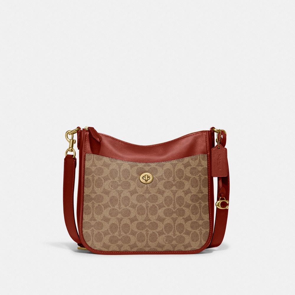 Brown / Red Coach Chaise In Signature Canvas Brass Women Crossbody Bags | SG_CH85552