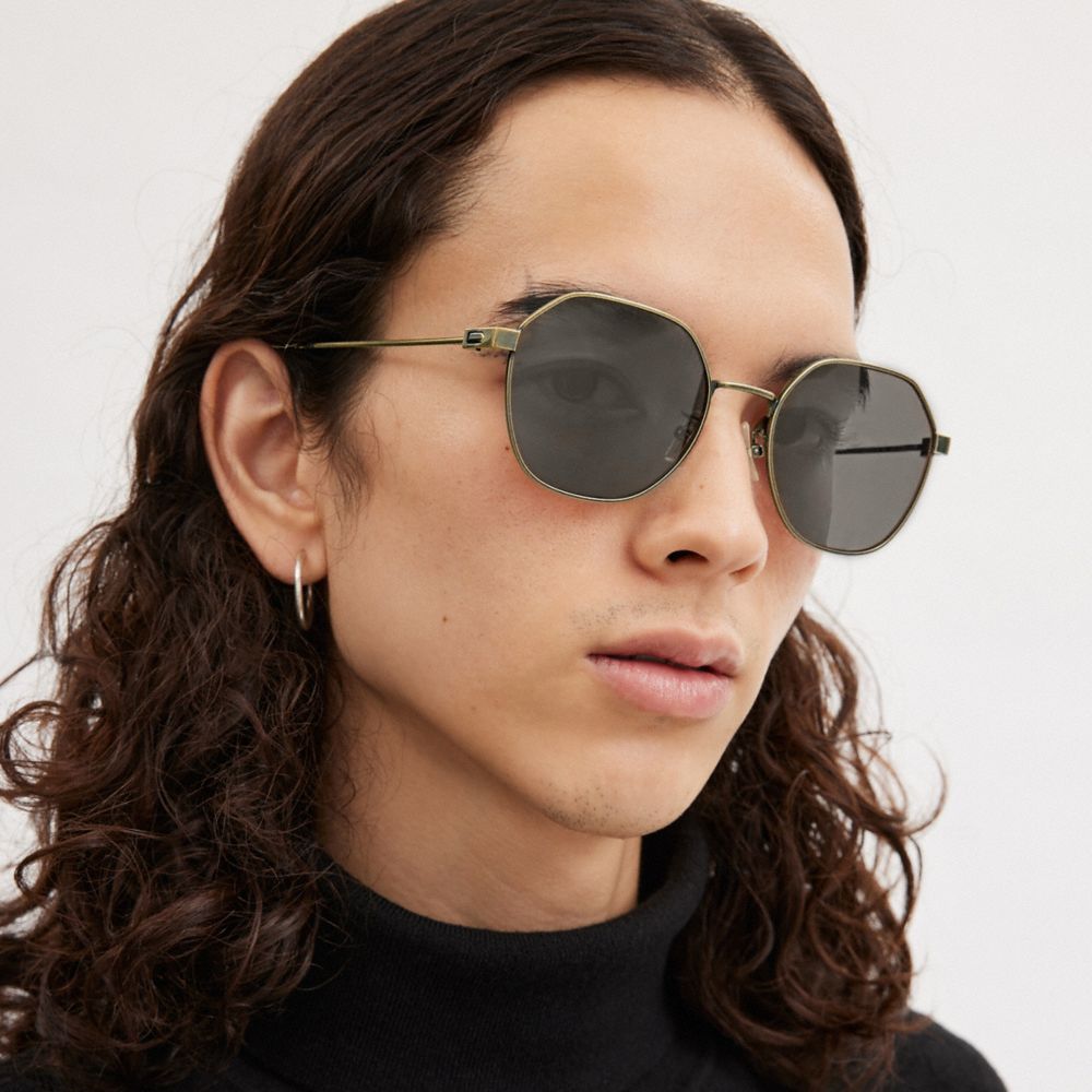 Gold Black Coach Hinged Geometric Round Men Sunglasses | SG_CH46992