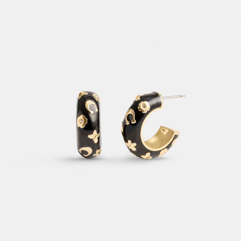 Gold / Black Coach Enamel Signature Floral Huggie Women Earrings | SG_CH73404