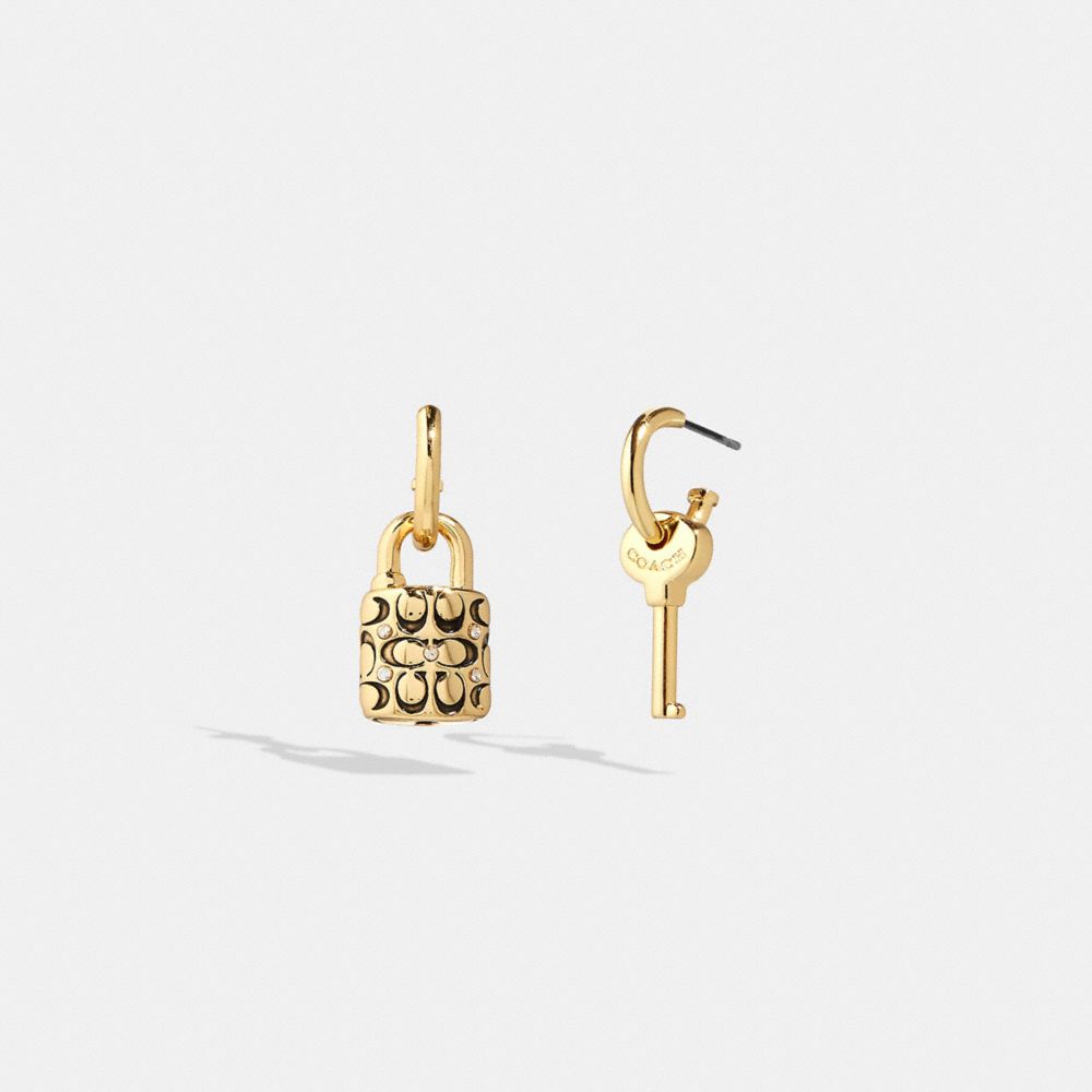 Gold / Black Coach Quilted Padlock Key Mismatch Women Earrings | SG_CH74799