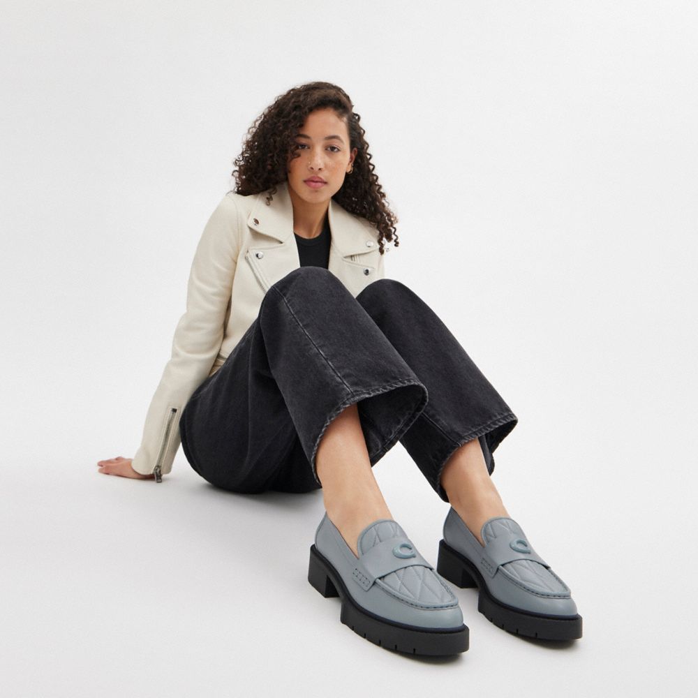 Grey Blue Coach Leah With Quilting Leather Women Loafers | SG_CH59952