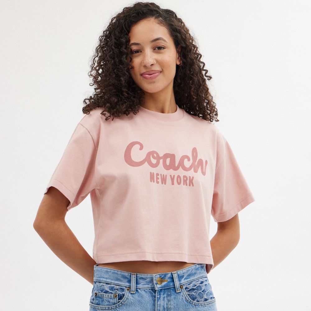 Pink Coach Cursive Signature Cropped Women T Shirts | SG_CH78010