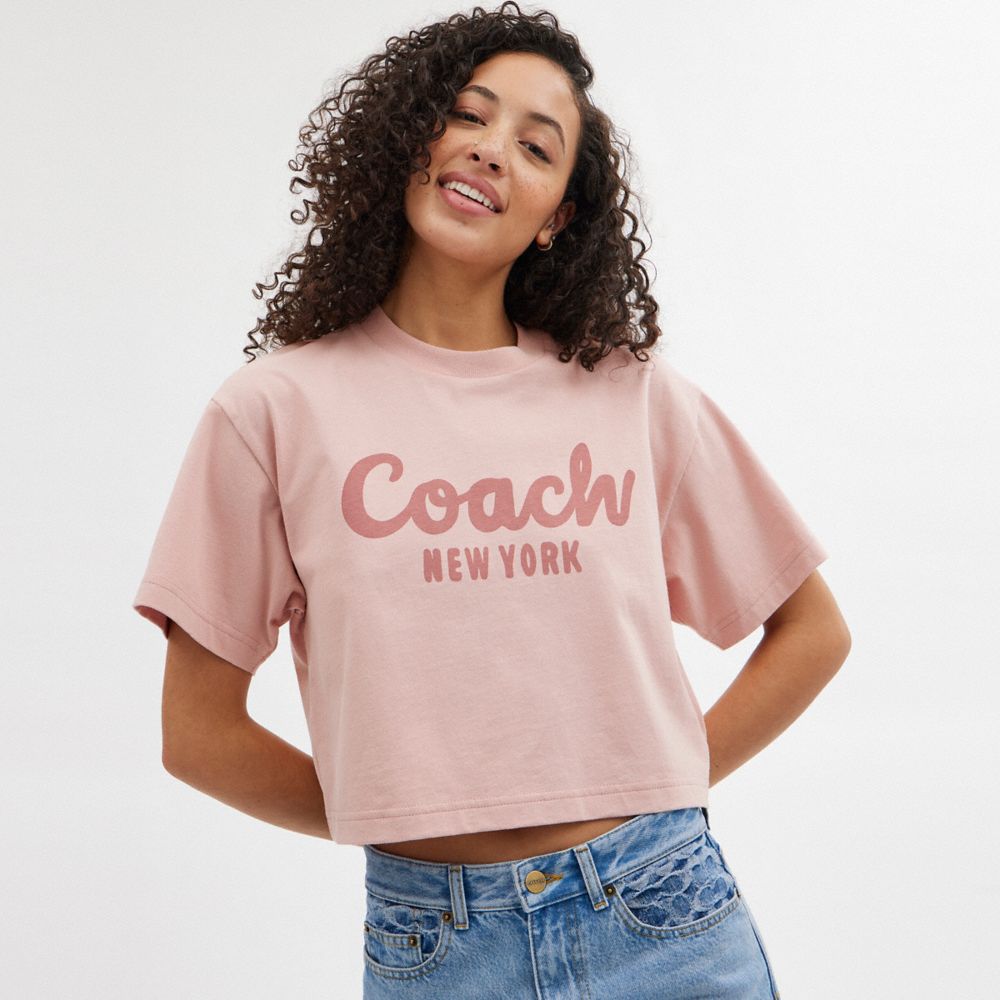 Pink Coach Cursive Signature Cropped Women T Shirts | SG_CH78010