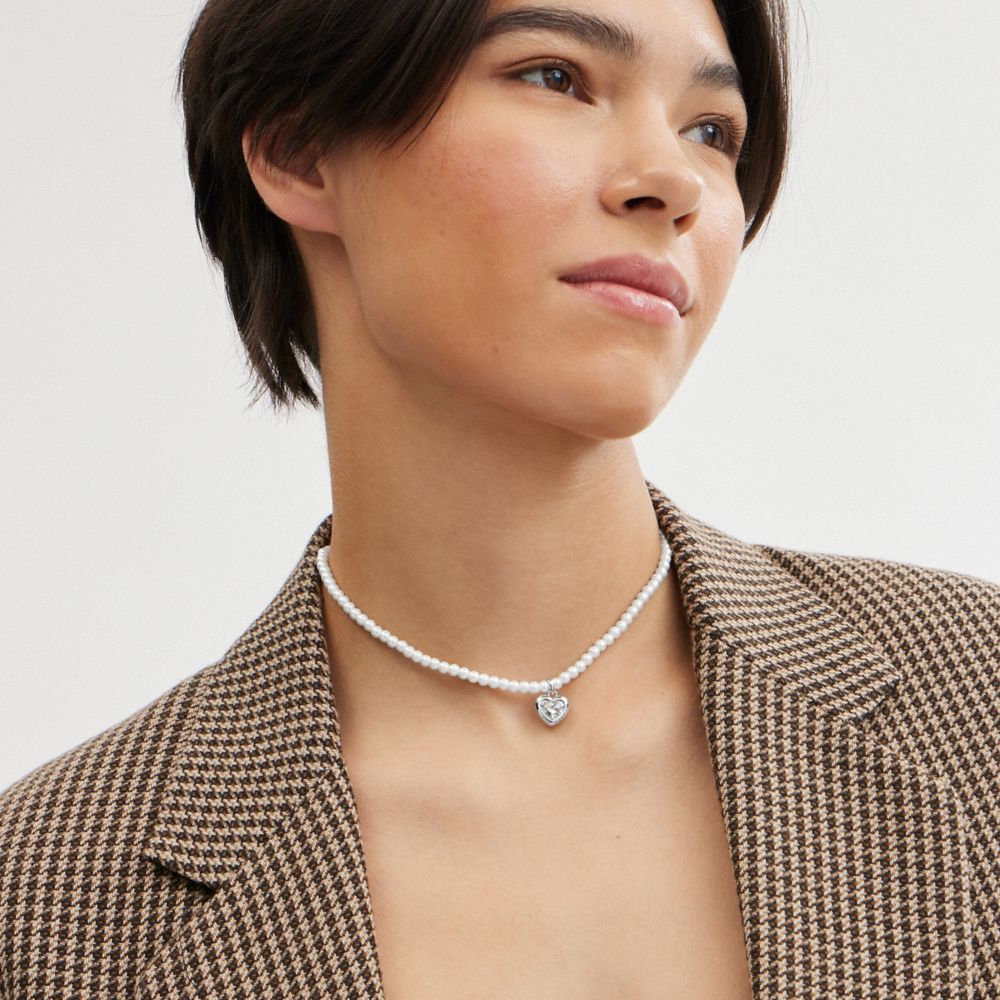 Silver Coach Heart Pearl Choker & Clear Women Necklace | SG_CH92185